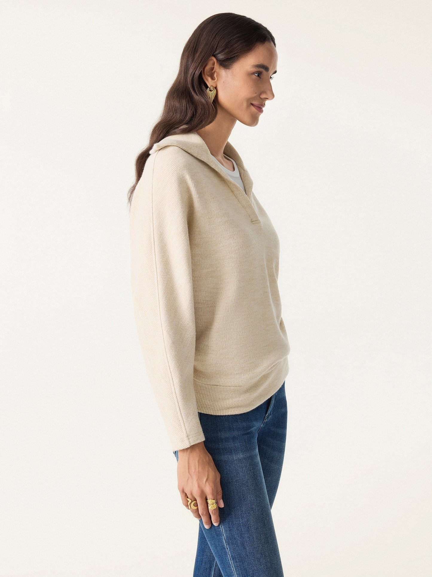 Cozy Collared V-Neck Batwing Sleeve Pullover